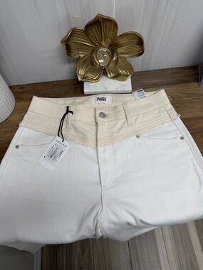PAIGE Two-Tone Cream & White High-Rise Jeans
